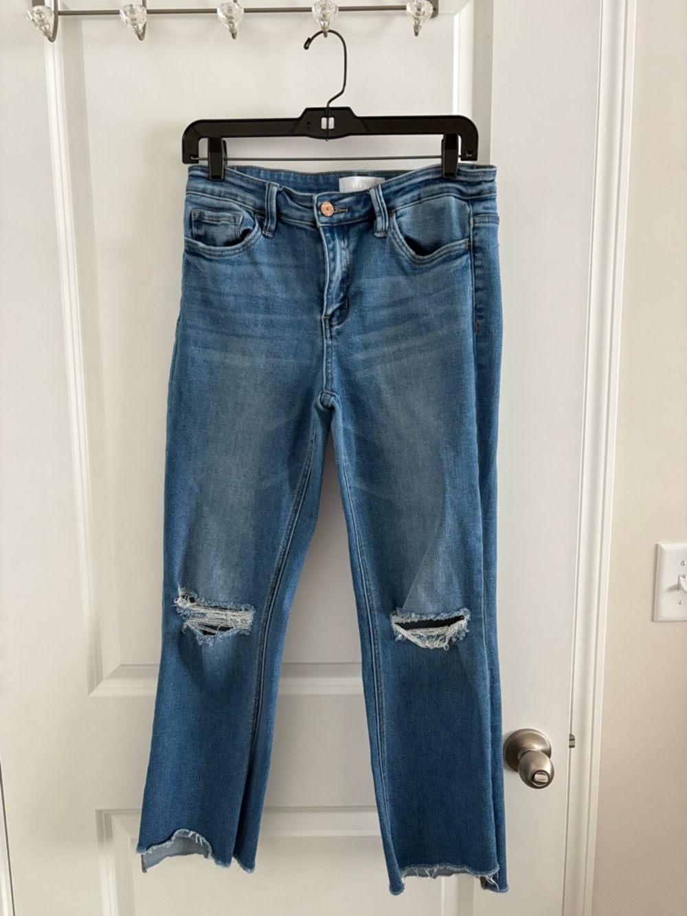 Mid Wash Blue Jeans with Knee Distress